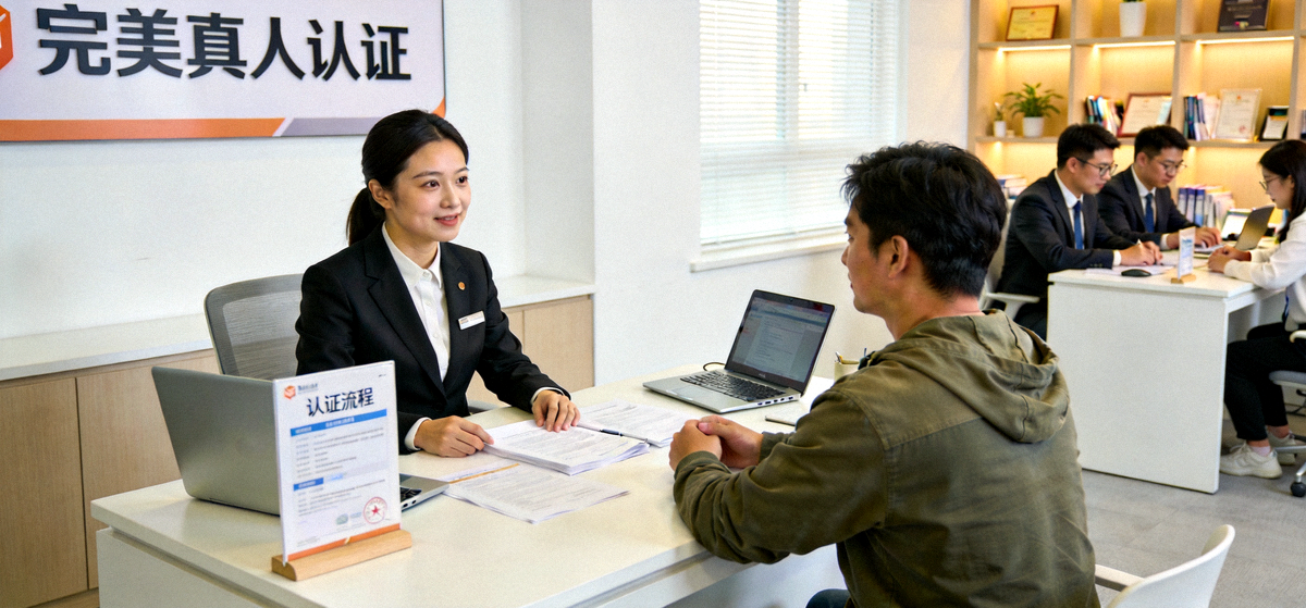 完美真人认证顾问团队为客户提供一对一真人认证咨询服务的办公场景