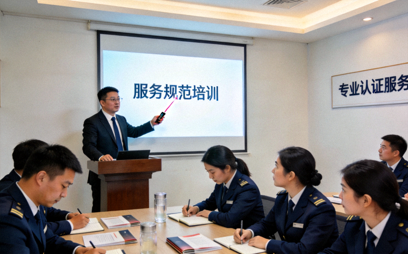 真人培训课堂上讲师为认证顾问团队讲解服务规范