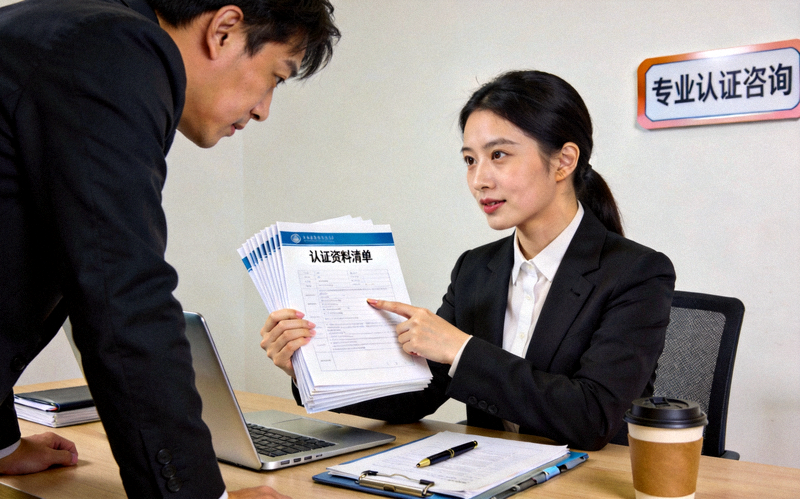 真人认证咨询顾问为客户梳理认证资料的工作画面
